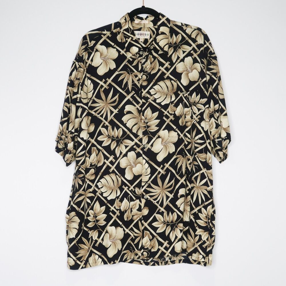 Campia Moda VTG Mens Button Up Shirt Size XL Black Gold Hawaiian Bamboo Camp‎